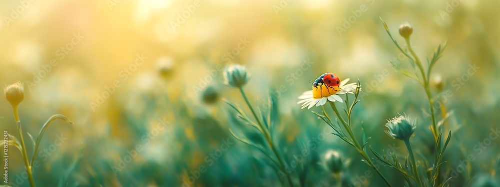 red ladybug on camomile flower, ladybird creeps on stem of plant in spring in garden in summer red ladybug on camomile flower, ladybird creeps on stem of plant in spring in garden in summer