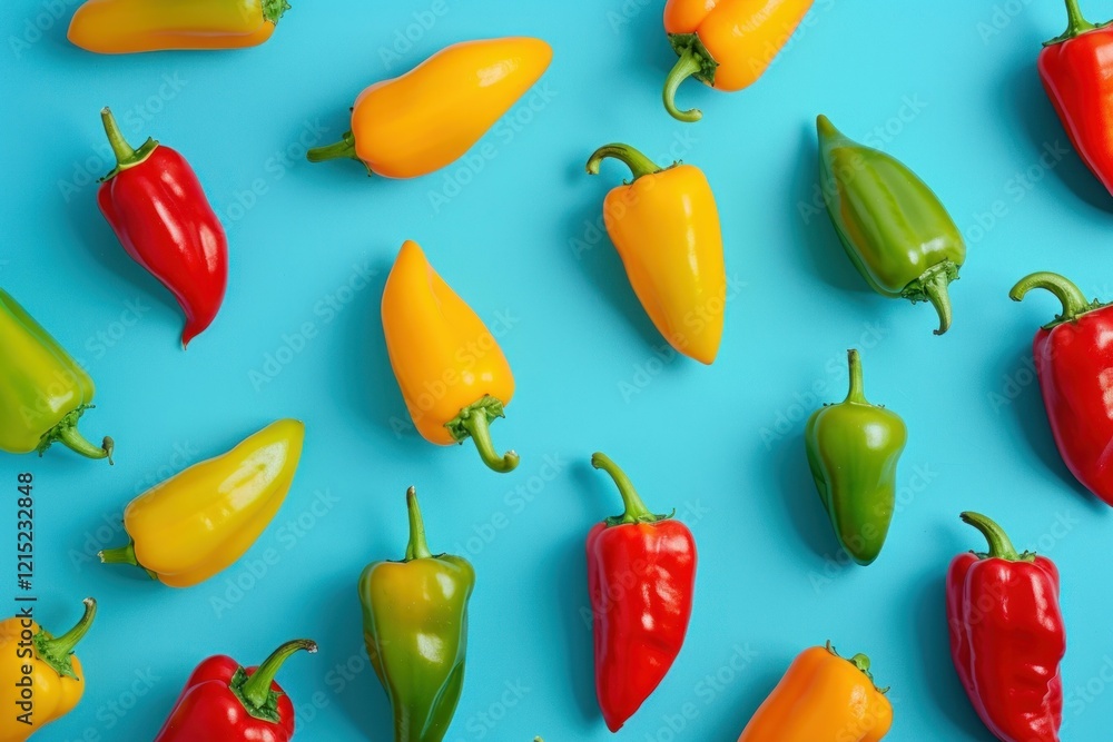 Sweet bell peppers arranged on a bright blue backdrop create a colorful and visually appealing pattern Sweet bell peppers arranged on a bright blue backdrop create a colorful and visually appealing pattern