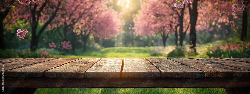 Naklejka premium Spring Table With Trees In Blooming And Defocused Sunny Garden In Background