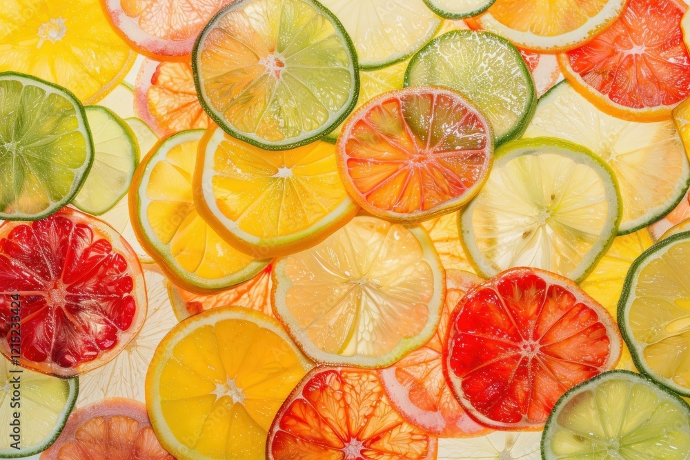 Backlit citrus fruit slices overlapping to create a colorful and vibrant background Backlit citrus fruit slices overlapping to create a colorful and vibrant background