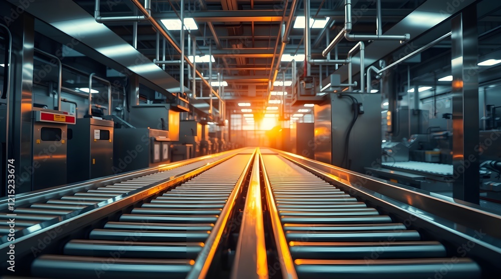 stock photo, intense dramatic lighting, soft pastel colors, depicting stainless steel conveyor belts in a modern food processing plant. stock photo, intense dramatic lighting, soft pastel colors, depicting stainless steel conveyor belts in a modern food processing plant.