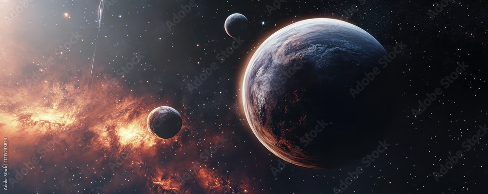 Naklejka premium space, planets, cosmic, nebula, celestial bodies, starfield, colorful galaxy, celestial energy, cosmic dust, celestial light, interstellar, outer space, cosmic rays, astronomical, cosmic glow, cosmic