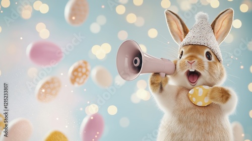 A whimsical bunny wearing a knitted hat, holding a megaphone, surrounded by pastel Easter eggs. The soft bokeh background enhances the festive mood