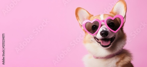 Fototapeta Naklejka Na Ścianę i Meble -  Happy corgi dog wearing heart-shaped pink sunglasses against a pink background, ideal for Valentine's Day campaigns, pet-related content, and fun, cheerful social media posts