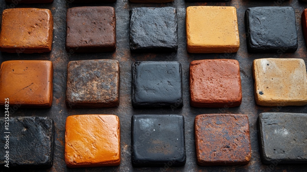 Fototapeta premium Close-up view of assorted bricks arranged in a neat pattern on a gray surface