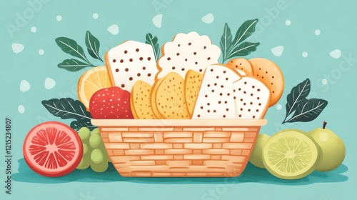 A minimalistic vector-style illustration of a basket filled with various traditional mishloach items and fruits on a light blue background photo