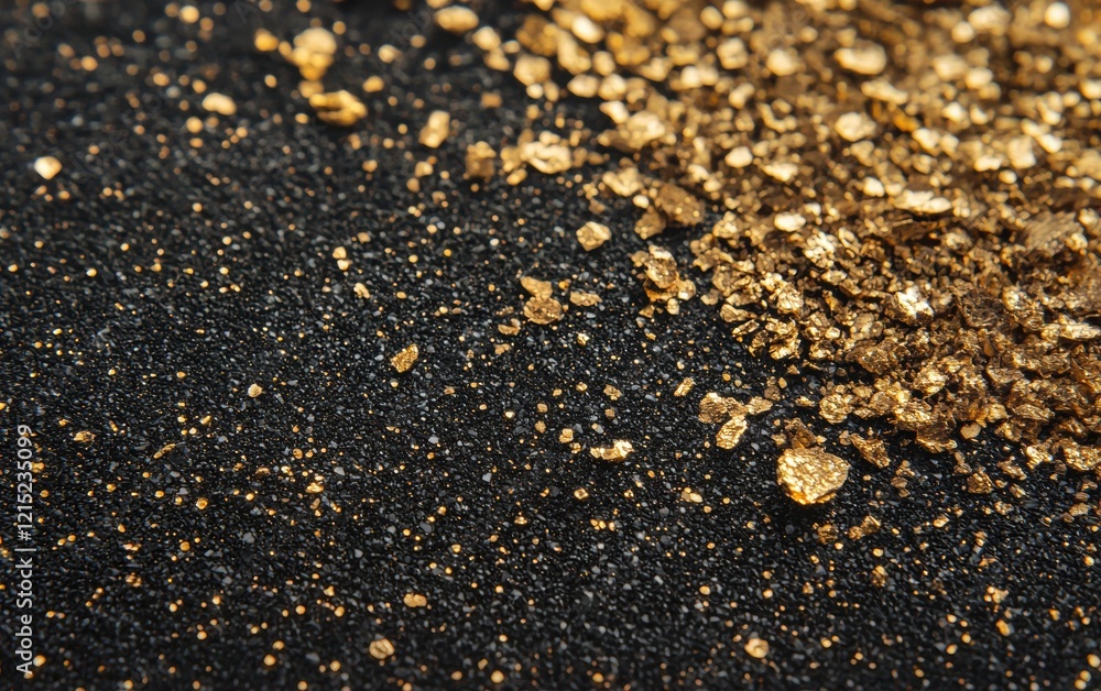 Macro shot of glittering gold dust particles scattered on a black surface Macro shot of glittering gold dust particles scattered on a black surface