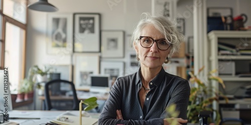 A woman in a black shirt and glasses is sitting at a desk with a potted plant in front of her