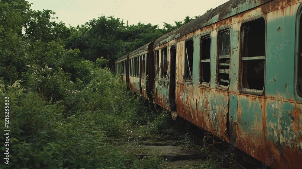 Naklejka premium Old, rusting train carriages meld with dense vegetation, illustrating nature’s slow but inevitable reclamation amidst a haunting stillness.