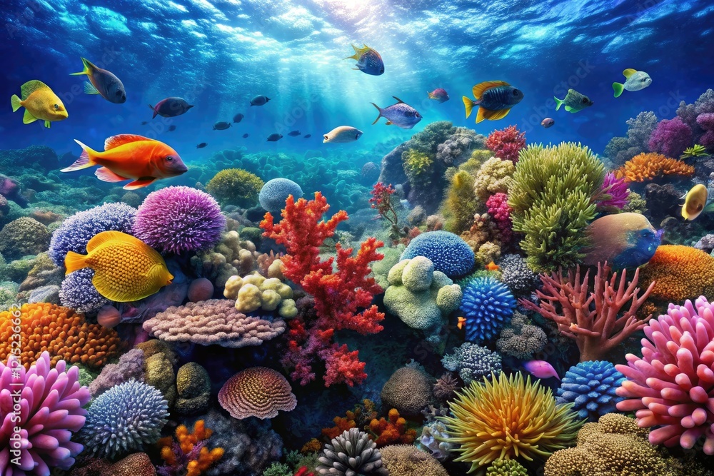 Naklejka premium Coral reefs teeming with colorful marine life amidst the ocean, ocean biodiversity, tropical fish, aquatic plants