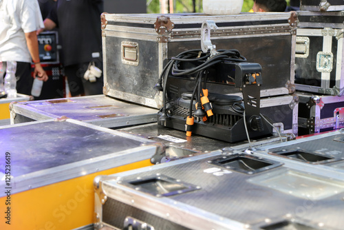 
Equipment, lamps and cables for the production of live events in transport boxes photo