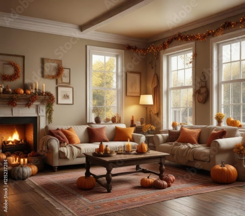 Wallpaper Mural Cozy living room with Thanksgiving decorations, cozy atmosphere, warm lighting Torontodigital.ca