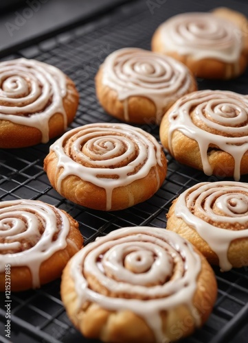 Crumbly cinnamon roll dough on a cooling rack with sweet glaze, cooling rack, desserts photo