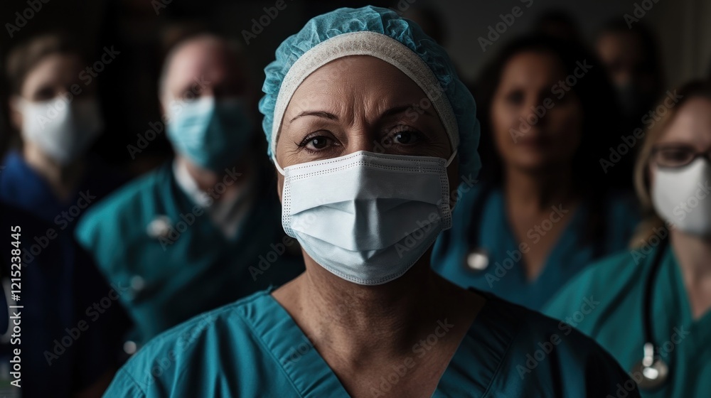A group of healthcare workers wearing scrubs and masks pose for a portrait in a dark room A group of healthcare workers wearing scrubs and masks pose for a portrait in a dark room