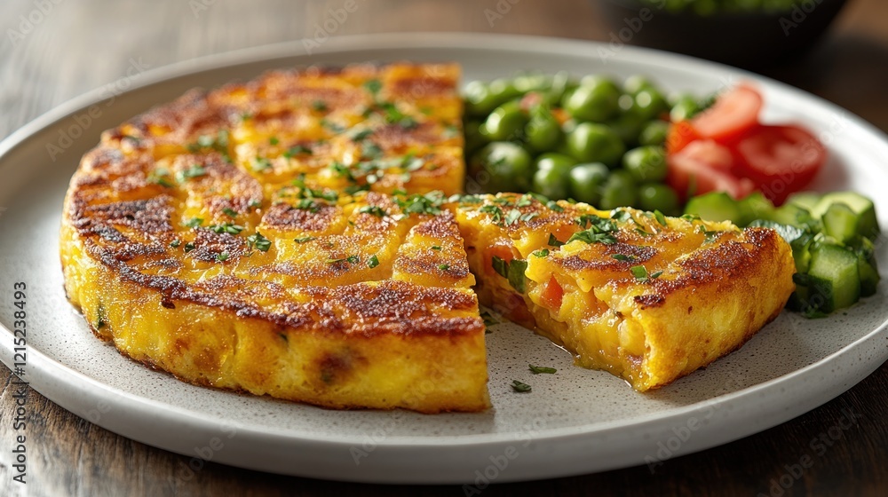 Rustic potato tortilla, peas, salad, wood Rustic potato tortilla, peas, salad, wood