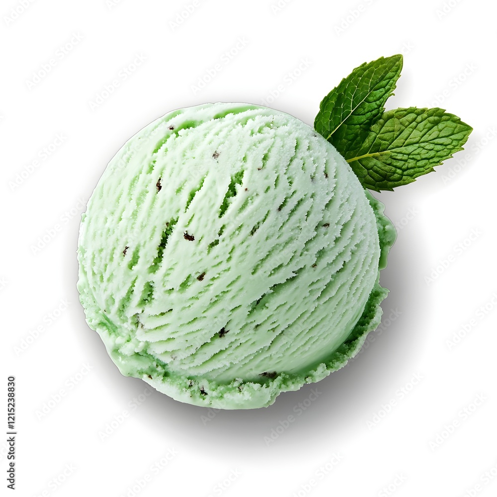 Mint ice cream scoop, vibrant green color, creamy texture, flecks of mint leaves, two fresh mint leaves garnish, round shape, soft shadows, pure white background, high-resolution product photography Mint ice cream scoop, vibrant green color, creamy texture, flecks of mint leaves, two fresh mint leaves garnish, round shape, soft shadows, pure white background, high-resolution product photography