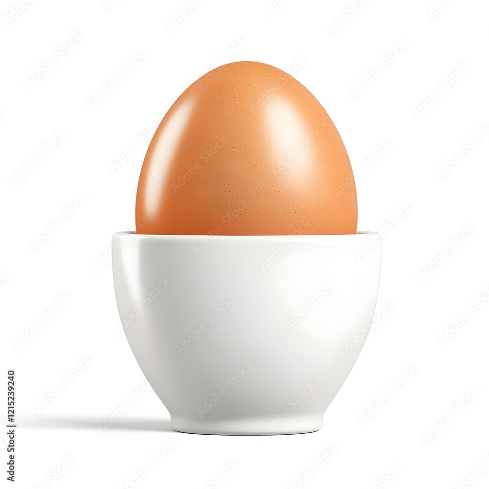 egg in egg cup, minimalist design, soft lighting, smooth texture, white ceramic base, orange egg, realistic rendering, clean background, simple composition, food photography, soft shadows