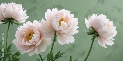 Fototapeta Naklejka Na Ścianę i Meble -  Delicate abstract peony blooms on a light green stem with soft feathery texture , botanical, peonies