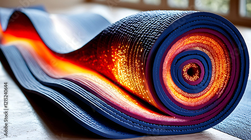 Abstract closeup of a rolledup exercise mat, revealing vibrant inner layers with luminous orange and purple hues.  Perfect for concepts of energy, health, wellness, and fitness. photo