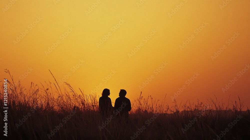 Fototapeta premium A couple silhouetted against a glowing amber sky, standing amidst tall grasses, evokes romance and timeless connection at sunset.