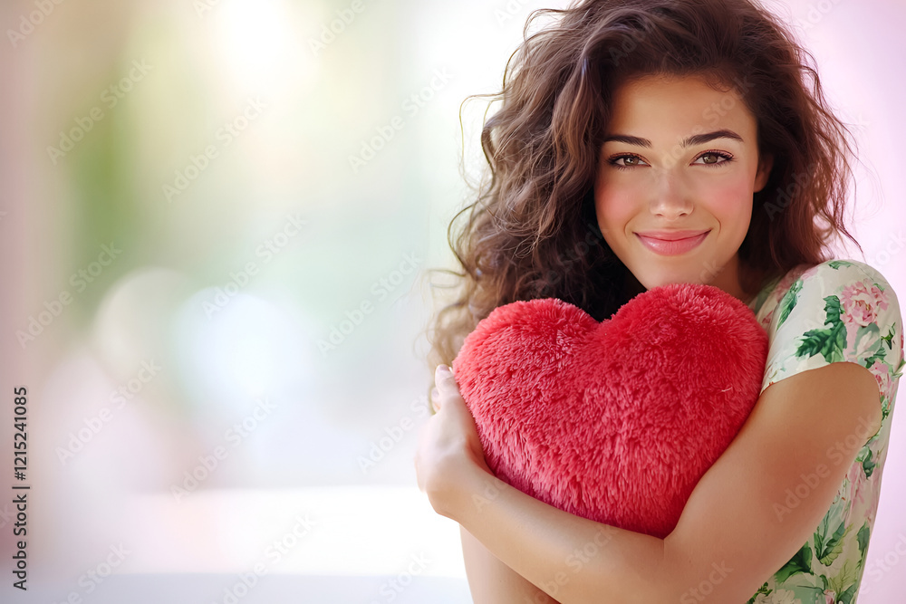 Young caucasian female smiling holding red heart pillow, Valentine's Day Young caucasian female smiling holding red heart pillow, Valentine's Day