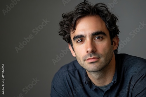 Thoughtful Portrait of a Young Man with Curly Hair Against a Neutral Background