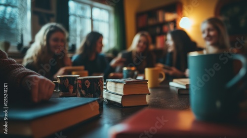 A group of people gather around a table with books and mugs for a book club discussion