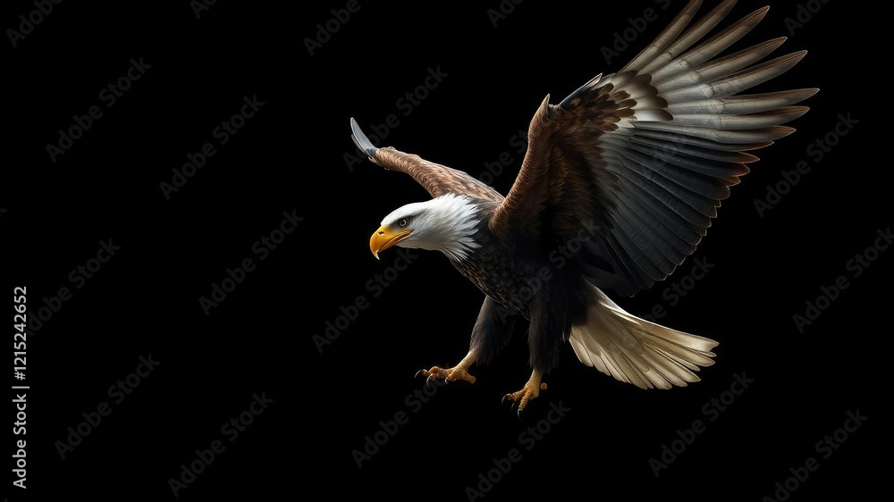 Fototapeta premium Eagle fiercely spreads its wings against a black background, symbolizing strength and perseverance, eagle, fierce