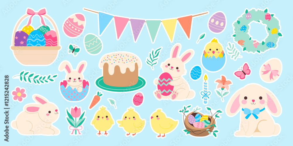 A collection of Easter-themed stickers featuring rabbits, chicks, and eggs. The stickers are colorful and playful, with a cheerful and festive mood A collection of Easter-themed stickers featuring rabbits, chicks, and eggs. The stickers are colorful and playful, with a cheerful and festive mood