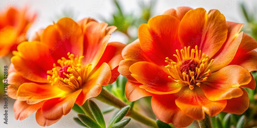 Macro Photography: Vibrant Orange Portulaca Oleracea Flowers Isolated on White Background Macro Photography: Vibrant Orange Portulaca Oleracea Flowers Isolated on White Background