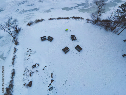 Snowy Landscape with Bench and Trees in Winter 0019