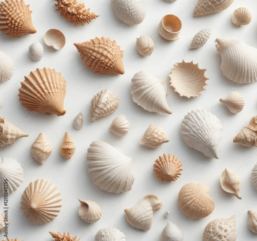 Elegant seashell design elements on white background, whimsical, decor Elegant seashell design elements on white background, whimsical, decor