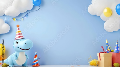 Fototapeta Naklejka Na Ścianę i Meble -  Cute Dinosaur Birthday Party Background - Adorable blue dinosaur wearing a party hat surrounded by balloons, clouds, and gifts. Perfect for invitations or celebrations.