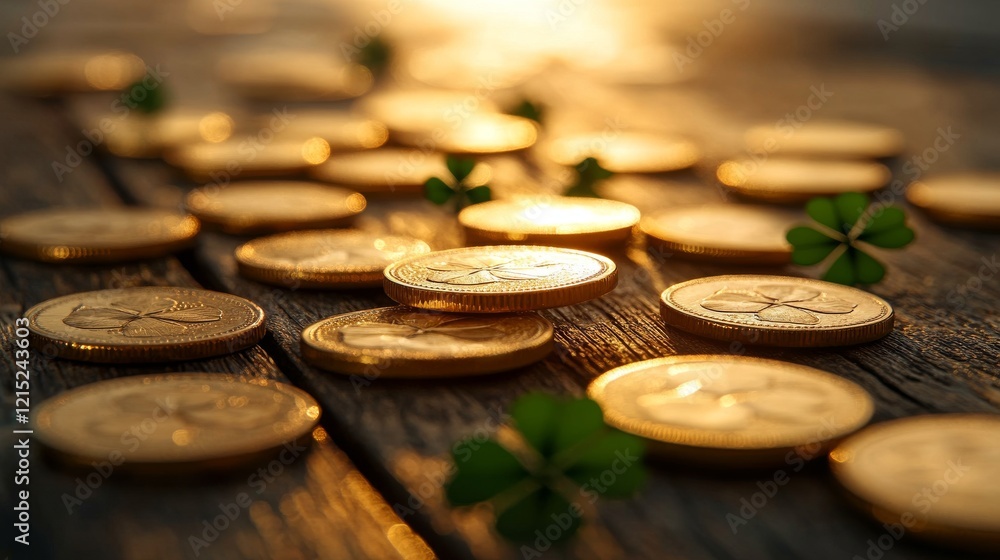 Close-up of golden coins scattered on a wooden surface with small green clovers in the background, illuminated by warm sunlight Close-up of golden coins scattered on a wooden surface with small green clovers in the background, illuminated by warm sunlight