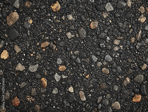 Textured asphalt surface with various stones present photo