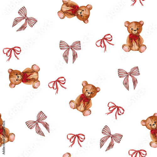 Watercolor teddy bears with red satin striped ribbons seamless pattern. Baby shower  teddy bear illustration. Baby shower print.