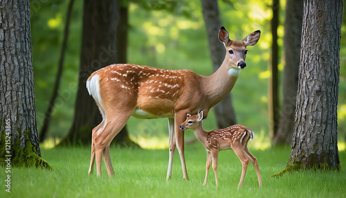 Mother Deer and Fawn in a Sunlit Forest A Serene Nature Moment