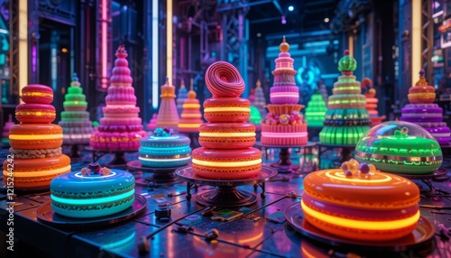 A cyberpunk-inspired display of neon desserts as sculptural masterpieces, featuring fluorescent éclairs, macaron towers, and mirror-glazed cakes in intense neon gradients