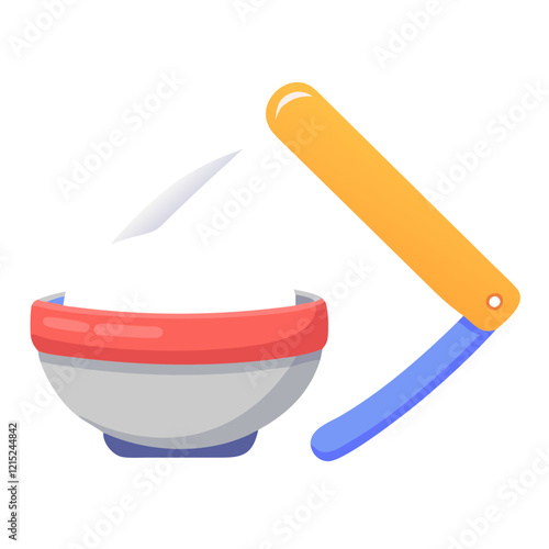 Shaving bowl and razor icon in flat style