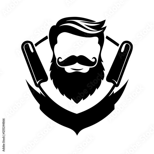 Black barber logo with face and straight razors