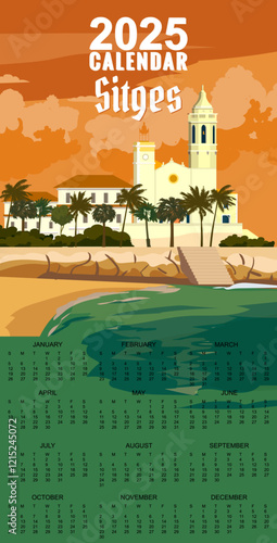 Monthly 2025 Calendar Sitges Spain travel poster, tropical resort bay view
