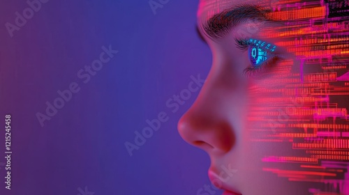 Digital Glitch Face Close Up - A close-up profile of a face overlaid with vibrant digital glitches, symbolizing technology, identity, the future, data streams, and human connection in the digital age.