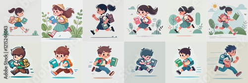 vector set of children with backpacks and books running