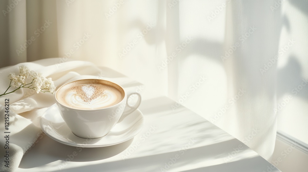 Sunlit latte with heart foam sits on a white table by a window, casting soft shadows in a peaceful morning ambiance. Sunlit latte with heart foam sits on a white table by a window, casting soft shadows in a peaceful morning ambiance.