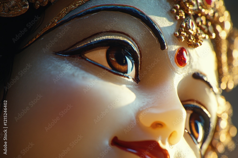 A statue of a woman with gold adornments on her face. The statue is of a goddess and is very detailed A statue of a woman with gold adornments on her face. The statue is of a goddess and is very detailed