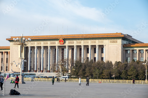Grand building in Tiananmen Square, Beijing, with iconic architecture and national emblem, Beijing, China, December 17, 2019