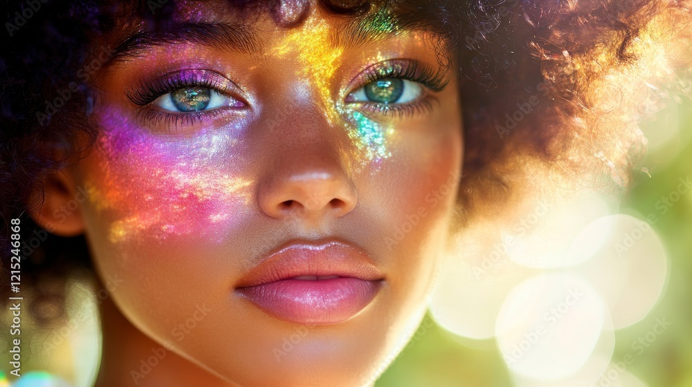A close-up portrait of a young person with curly hair, showcasing iridescent colors reflecting on their face A close-up portrait of a young person with curly hair, showcasing iridescent colors reflecting on their face