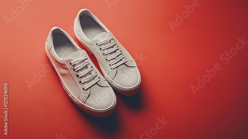 Wallpaper Mural Pair of casual sneakers against a soft red background, ample room for copy at the bottom Torontodigital.ca