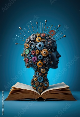 Conceptual image of a head made of gears with an open book.