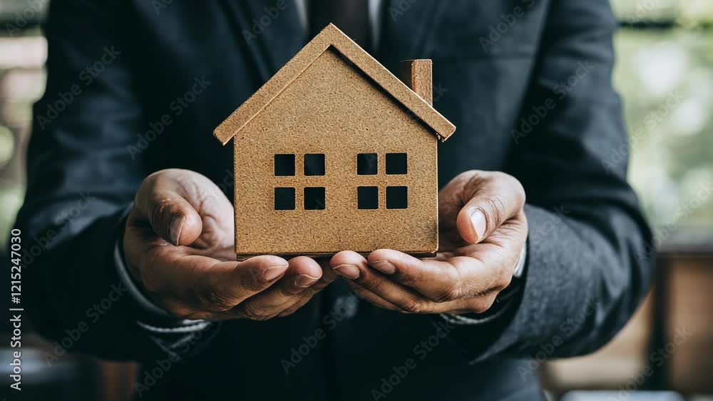 Professionally dressed individual holding a small wooden model of a house in a focused business setting Professionally dressed individual holding a small wooden model of a house in a focused business setting